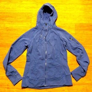Athleta long full zip blue jacket w/hood. Small.